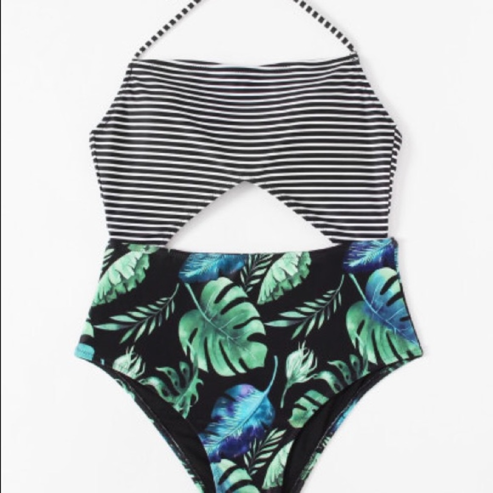 Striped & Palm Print Swimsuit